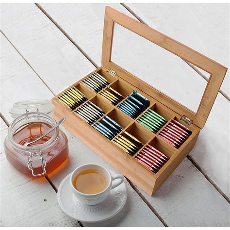 Estilo Bamboo Tea Bag Storage Box, 10 Equally Divided Compartments ...