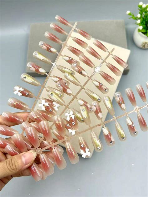 24pcs Handmade Bow Glitter & Rhinestone Decor False Nails Sticker, No Traces | SHEIN USA