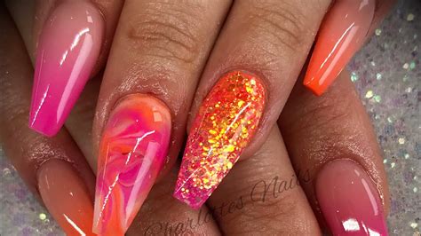 Acrylic nails - pink & orange ombré with glitter - YouTube