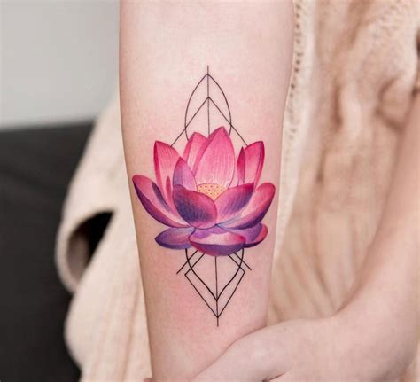 Pink lotus flower tattoo on the arm - Tattoogrid.net