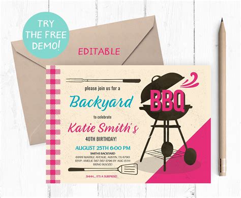 Editable Backyard Barbecue Invitation Pink BBQ Party | Etsy | Bbq party invitations, Barbecue ...