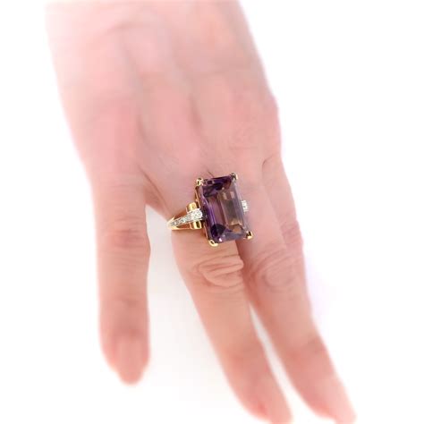 Large Vintage Emerald Cut Amethyst and Diamond Cocktail Statement Birthstone Ring 14K | Antique ...