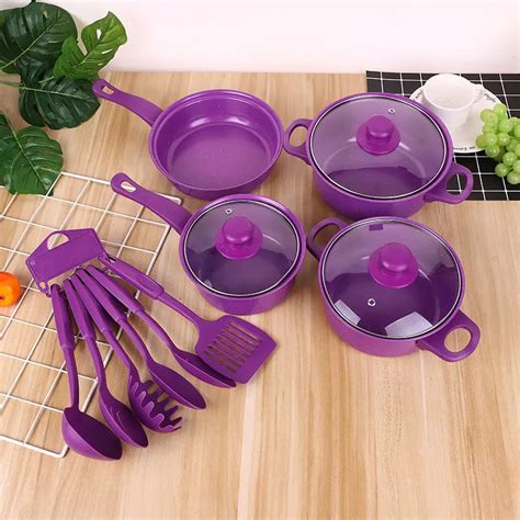 13 pcs Cookware Set Non Stick Pan and Casserole with Kitchen Tools Set (Purple Color) - Kourani ...