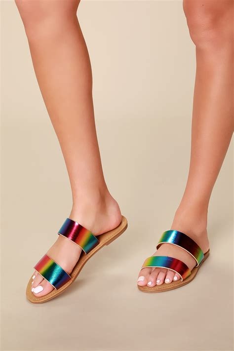 Cute Rainbow Sandals - Slide Sandals - Vegan Leather Sandals