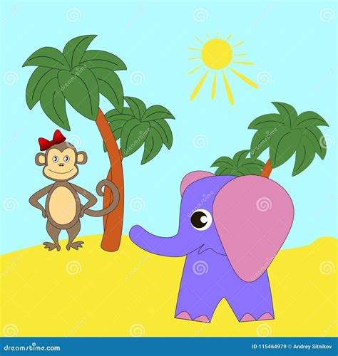 Cartoon Baby Elephant and Monkey. Stock Vector - Illustration of elephant, plant: 115464979