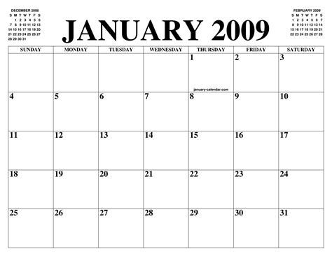 JANUARY 2009 CALENDAR OF THE MONTH: FREE PRINTABLE JANUARY CALENDAR OF ...