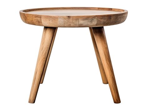 Scandinavian-style round wooden side table with elegantly tapered legs, presenting a smooth ...
