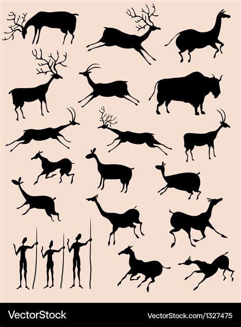 Cave rock painting animals silhouettes set Vector Image