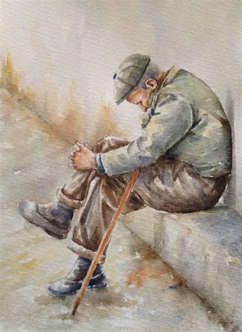 Original Watercolor Figurative Painting of an Old Man Title: 'in ...