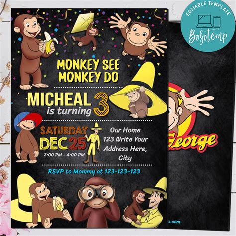 Editable Curious George Birthday Invitations Digital File | Bobotemp