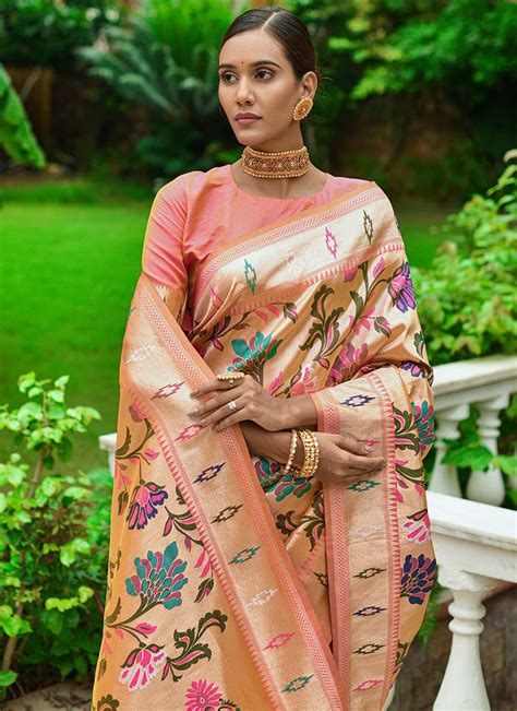 Buy Indian Ethnic Clothing - Krishna Jayanthi Peach Sarees