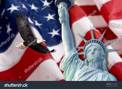 American Flag Flying Bald Eaglestatue Liberty Stock Photo 72499501 ...