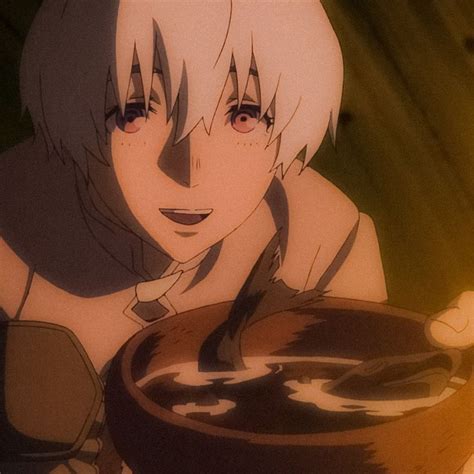 an anime character with white hair holding a frying pan