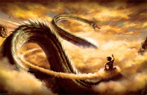 Goku riding on nimbus cloud with Shen Long digital wallpaper, Dragon ...