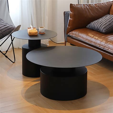 Black Round Coffee Table Metal Accent Table Set of 2-Homary
