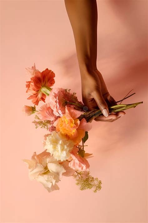 Hand of Black Woman Holding Beautiful Bouquet of Flowers. Color of the Year, Peach Fuzz Stock ...