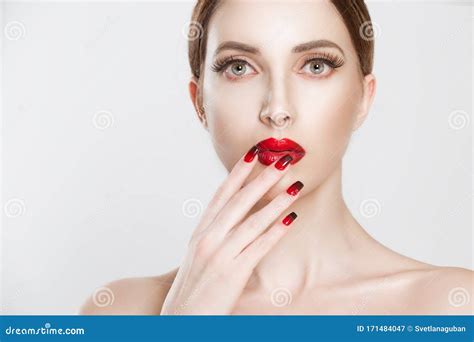 Beautiful Vamp Woman with Dark Red Gradient Black Lips and Modern Same Color Set Nail Polish ...
