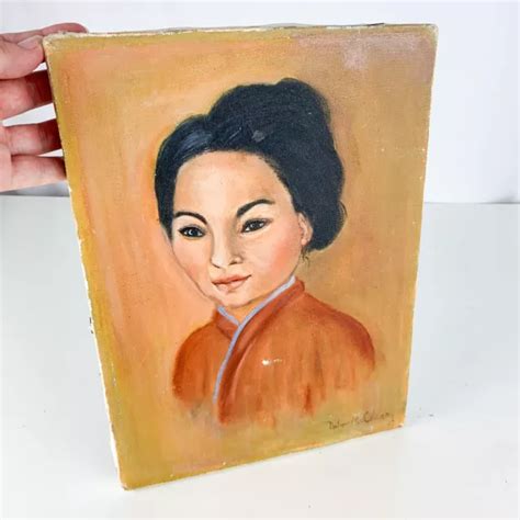 VINTAGE ASIAN WOMAN Female Mid Century Modern Portrait Painting Original Art $95.00 - PicClick