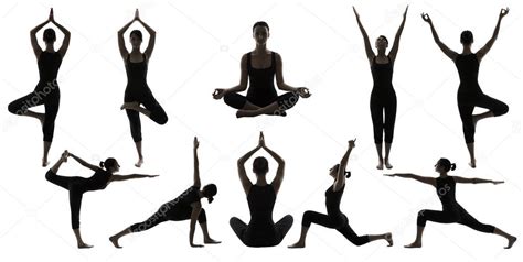 Yoga Poses Silhouettes, Woman Body Balance Asana Position, People Exercise — Stock Photo ...