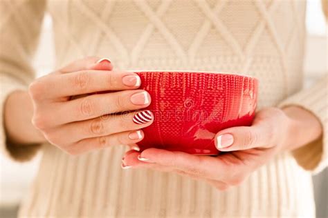 Woman& X27;s Hands with French Manicure and Candy Cane Pattern on the ...