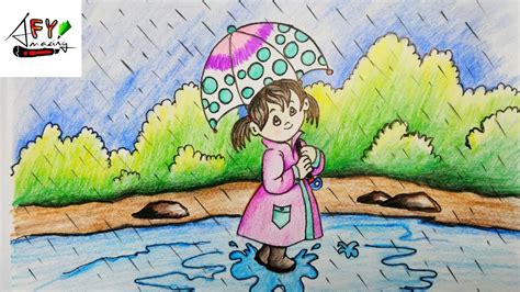 How To Draw Rainy Season Drawing For Kids | How To Draw Girl With Umbrella | Rainy season ...