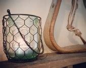 Items similar to Small Rustic Chicken Wire Candle Holder with Vintage ...