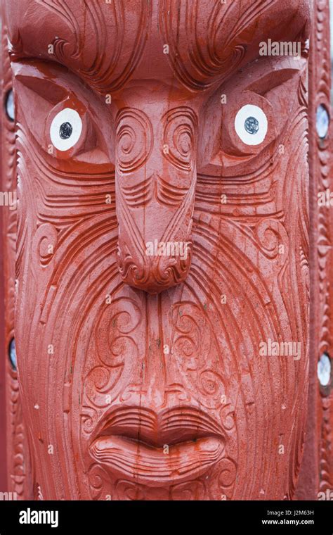 New Zealand, North Island, Rotorua, Ohinemutu, Maori village, sculptures on Marae, meeting house ...