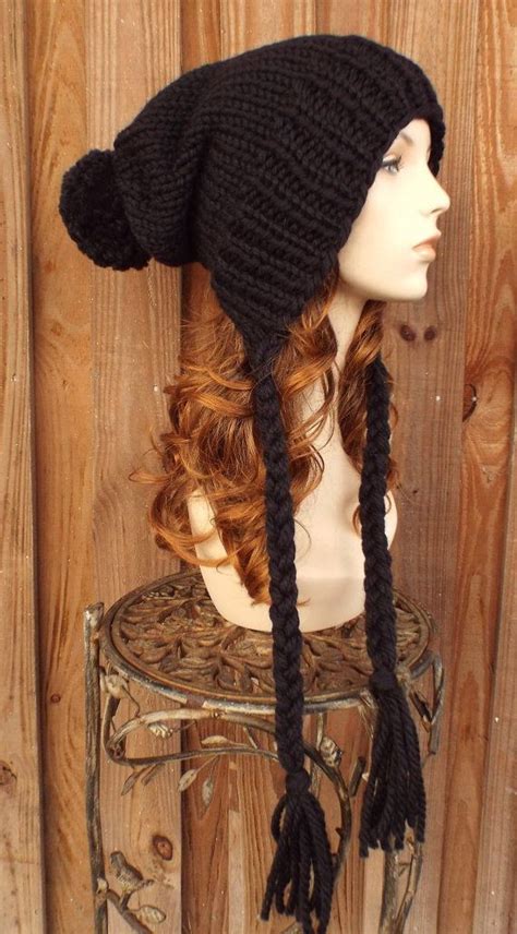 Black Slouchy Knit Hat Womens Hat Black Hat Extra Slouchy - Etsy | Ear flap hats, Knitting ...