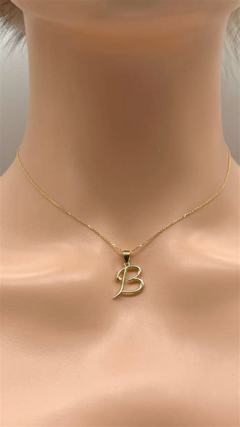 Letter B Gold Necklace, 10K Script Font Pendant, All Letters Available, Birthday Gift Women ...