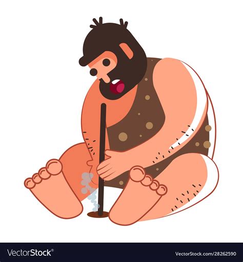 Caveman in animal skin starting fire with wooden Vector Image