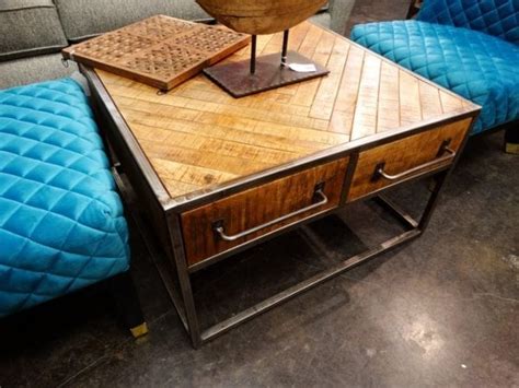 Coffee Table Square Wood and Metal Table with Drawers - Rare Finds Warehouse