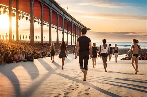 Premium AI Image | A group of people walking on a beach with a sunset ...