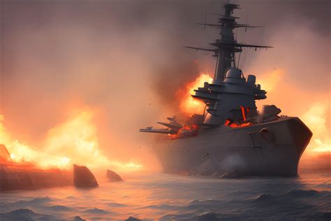 Epic battleground, Big brutal warship from WW2, burns a little, fire with his big weapons ...