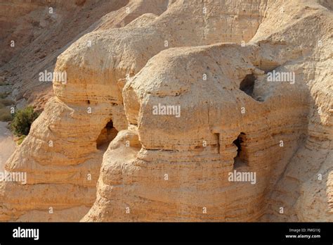 Qumran caves at the archaeological site in the Judean desert of the ...