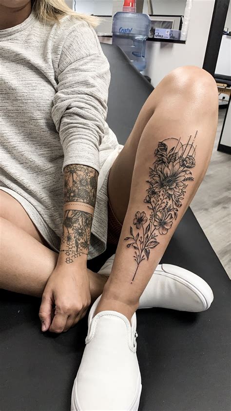 Dainty flower tattoo design | Leg tattoos women, Calf tattoos for women, Calf tattoo
