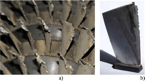 Compressor blades damaged by broken vanes of stator (a) and the blade ...