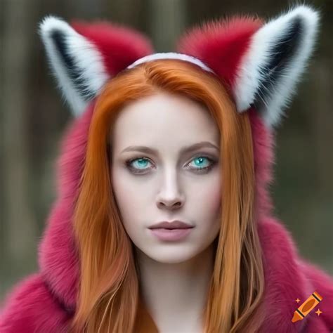 Woman with green eyes and red hair wearing fox-ear headband and fur pullover on Craiyon