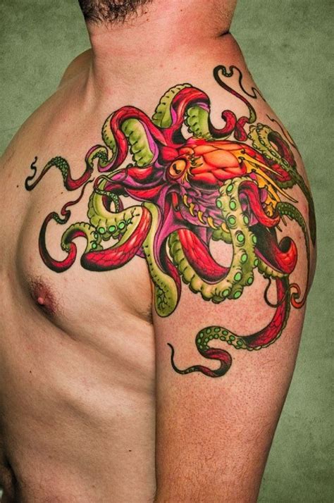 big red and green octopus tattoo on the man' shoulder I reeeally love ...