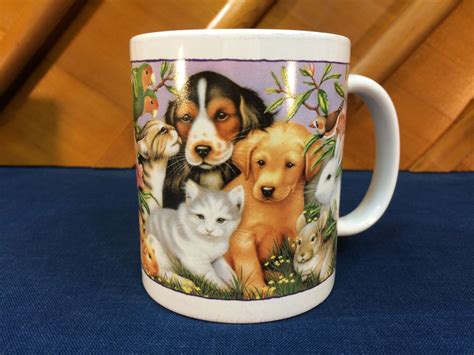 Vintage Porcelain Coffee Mug Cup Designed For Animal Lovers With Dogs Cats Birds Rabbits And ...