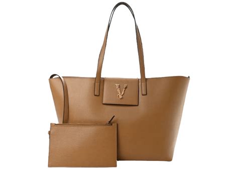 Versace Virtus V Logo Tote Bag Brown in Saffiano Leather with Gold-tone - US