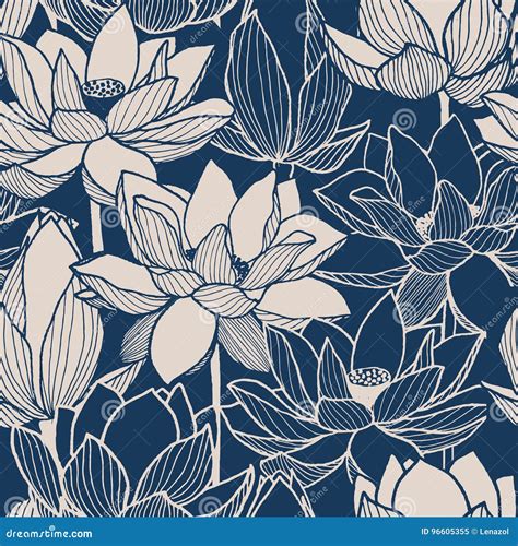 Seamless Vector Floral Lotus Hand Drawn Pattern Stock Vector ...