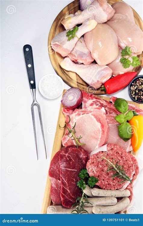 Raw Meat. Different Types of Raw Pork Meat, Chicken and Beef with Spices and Herbs Stock Image ...