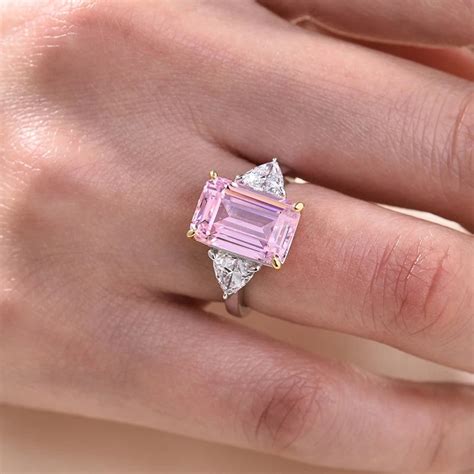 Pink Sapphire Emerald Cut Three Stone Ring with Heart Cut Side | Etsy