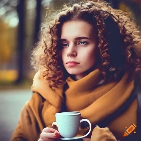 Young attractive thoughtul woman with curly wavy hair having coffee cozy cafe of whitewashed ...