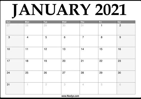 2021 january calendar printable download free noolyo – Calendar Template 2021