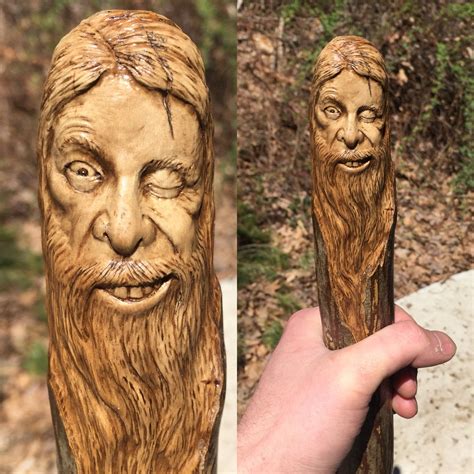 “Bearded Charmer” walking Stick carving by Josh Carte... | Hand carved walking sticks, Walking ...