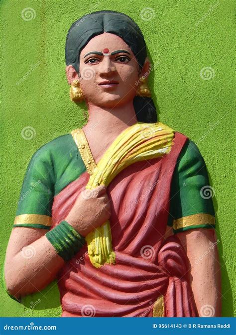 Sculpture Of Indian Agricultural Labor Woman,in Traditional Dress, With The Paddy Bunch After ...
