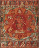 A thangka depicting a mandala of Vajravarahi with Taklung Kagyü Lineage, Tibet, late 12th ...