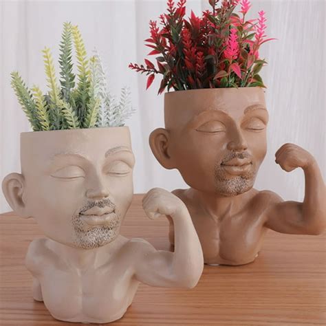 Funny Muscle Men Face Flower Pot - Drainage Hole - Weather-proof Resin ...