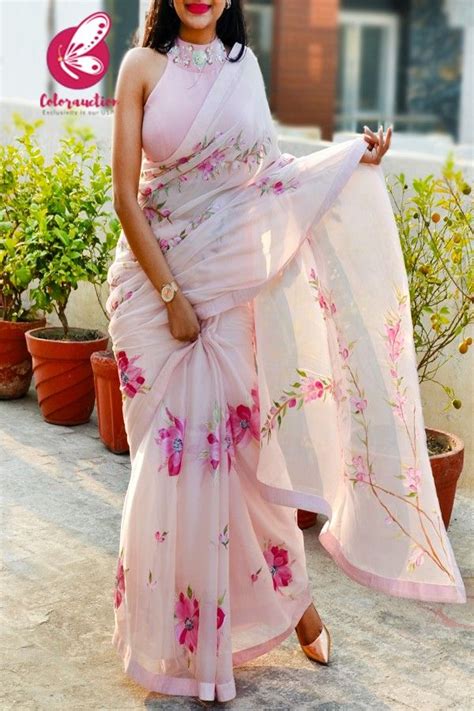 Shop Baby Pink Hand-painted Silk Chiffon Saree - Sarees Online in India | Stylish sarees, Sarees ...